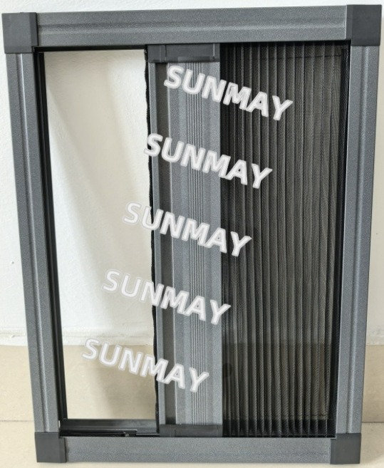 Close-up of aluminum pleated screen fabric texture and folding structure for doors and windows.